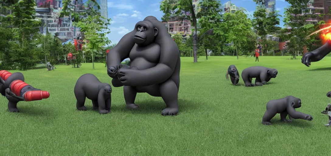 Image similar to intergalactic hotdog battlecruisers are attacking peaceful gorilla families in the city park, daytime, beautiful, families running in fear for their lives, hyper realistic, high definition, highly detailed