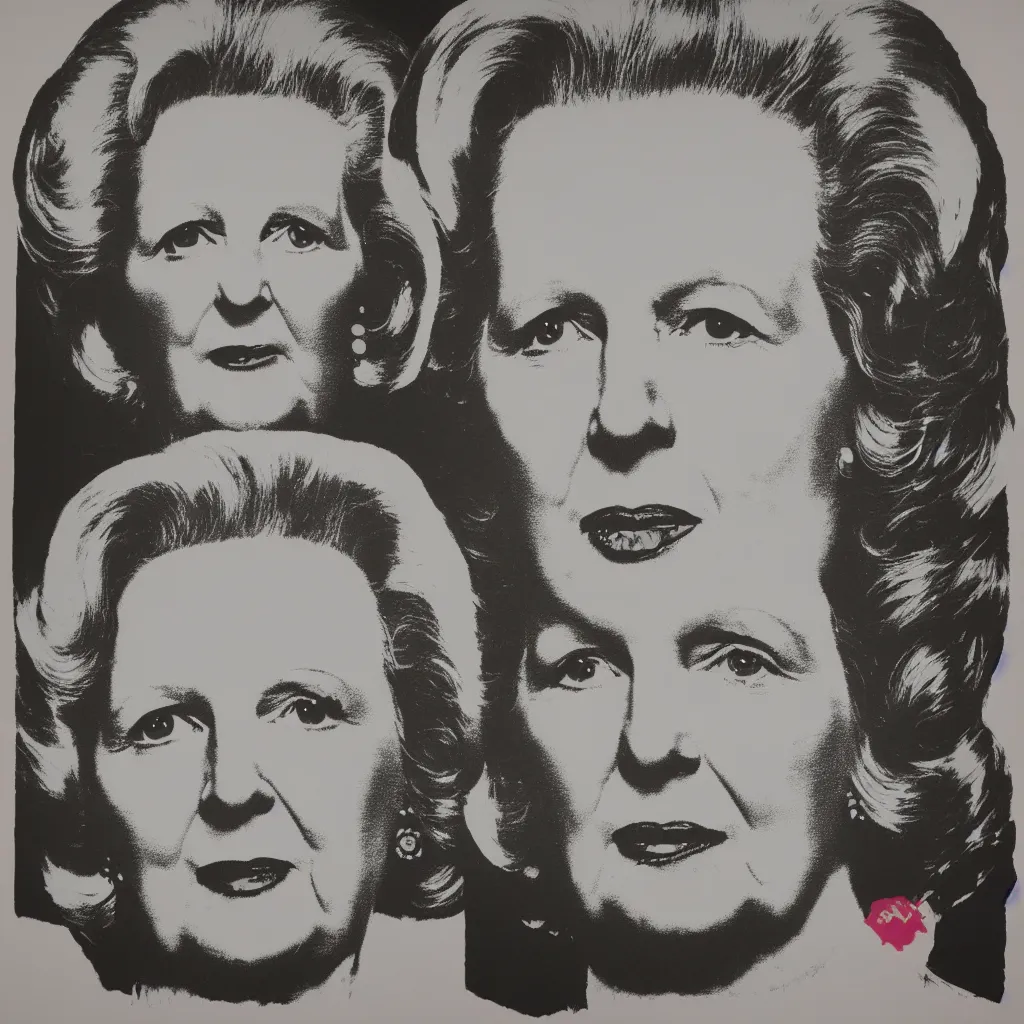 Image similar to individual silk screen portrait of margaret thatcher by andy warhol