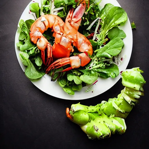 Image similar to a plate of food made of salad and huge alien shrimp xenomorph, award winning photographer, food photography