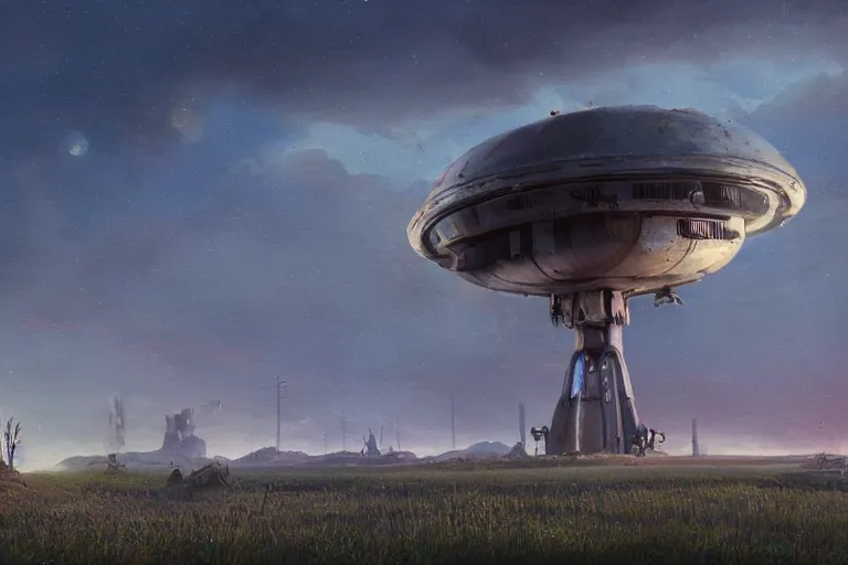 Image similar to a beautiful matte painting of a alien spaceship over the old soviet village simon stalenhag, countryside, slavic and alan bean, trending on artstation, realistic rendering