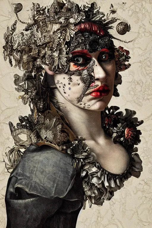 Image similar to Detailed maximalist portrait with large lips and with large eyes, angry, exasperated expression, HD mixed media, 3D collage, highly detailed and intricate illustration in the style of Caravaggio, dark art, baroque