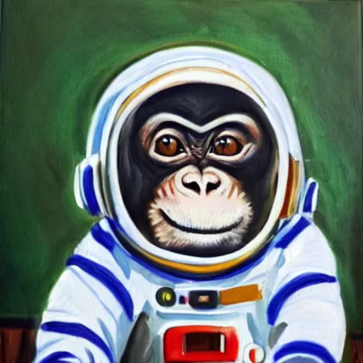 Prompt: an oil painting of a monkey wearing a spacesuit