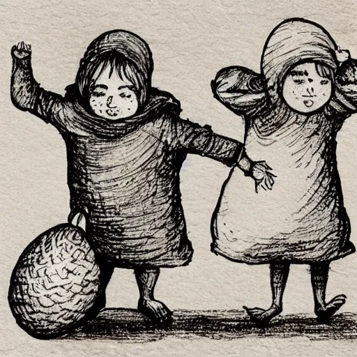 Image similar to two orphans with hats and middle ages simple clothes holding eggs with their arms, orphans escaping from a flying angry chicken, illustration for children, light watercolor on grainy paper,. accurate anatomy. symmetry.