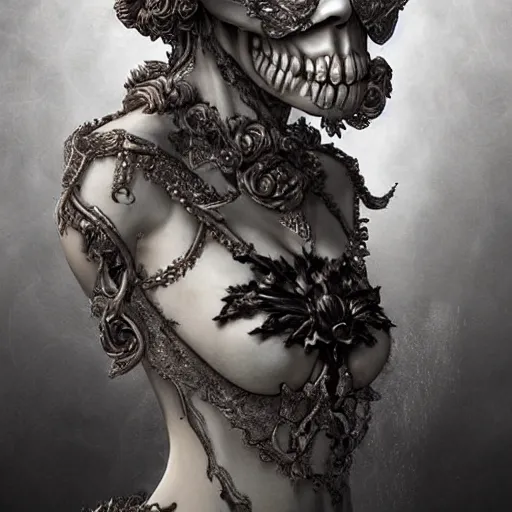 Prompt: a woman wearing a white mask with an ornate skull on her face, a marble sculpture by bastien lecouffe - deharme, featured on zbrush central, gothic art, zbrush, marble sculpture, grotesque