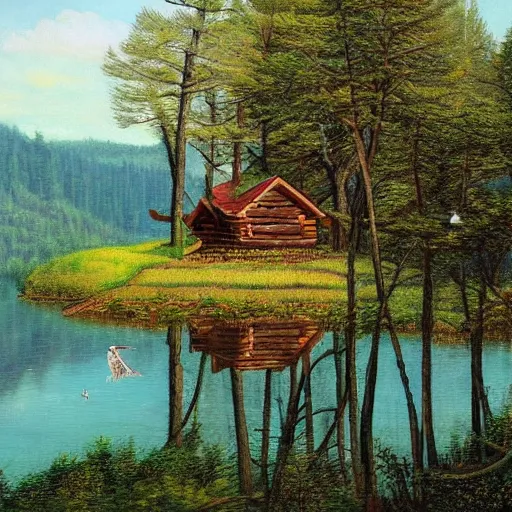 Image similar to cabin on a cliff overlooking a lake in a forest, Stephen youll