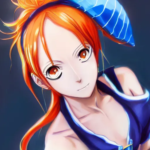 Image similar to anime portrait of Nami from One Piece as an anime girl by Stanley Artgerm Lau, WLOP, Rossdraws, James Jean, Andrei Riabovitchev, Marc Simonetti, and Sakimichan, trending on artstation