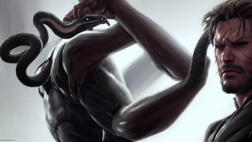 Image similar to portrait, single, snake from metal gear, from left, body and torso, pixar and disney animation, sharp, rendered in unreal engine 5, highly detailed, digital painting, artstation, concept art, smooth, sharp focus, wallpaper, splash art, promo art, dramatic lighting, art by artgerm and greg rutkowski and bo chen and jin xiaodi