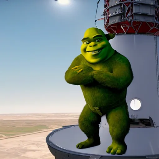 Image similar to shrek attached to a spacex rocket, cinematic lighting, detailed, sharp focus