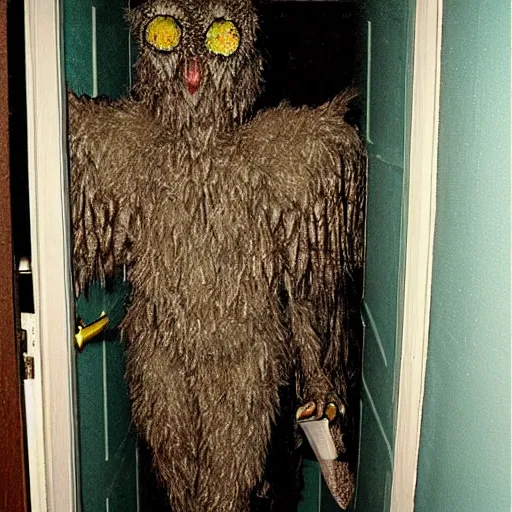 Prompt: grainy photo of a mothman as a creepy monster in a closet, harsh flash