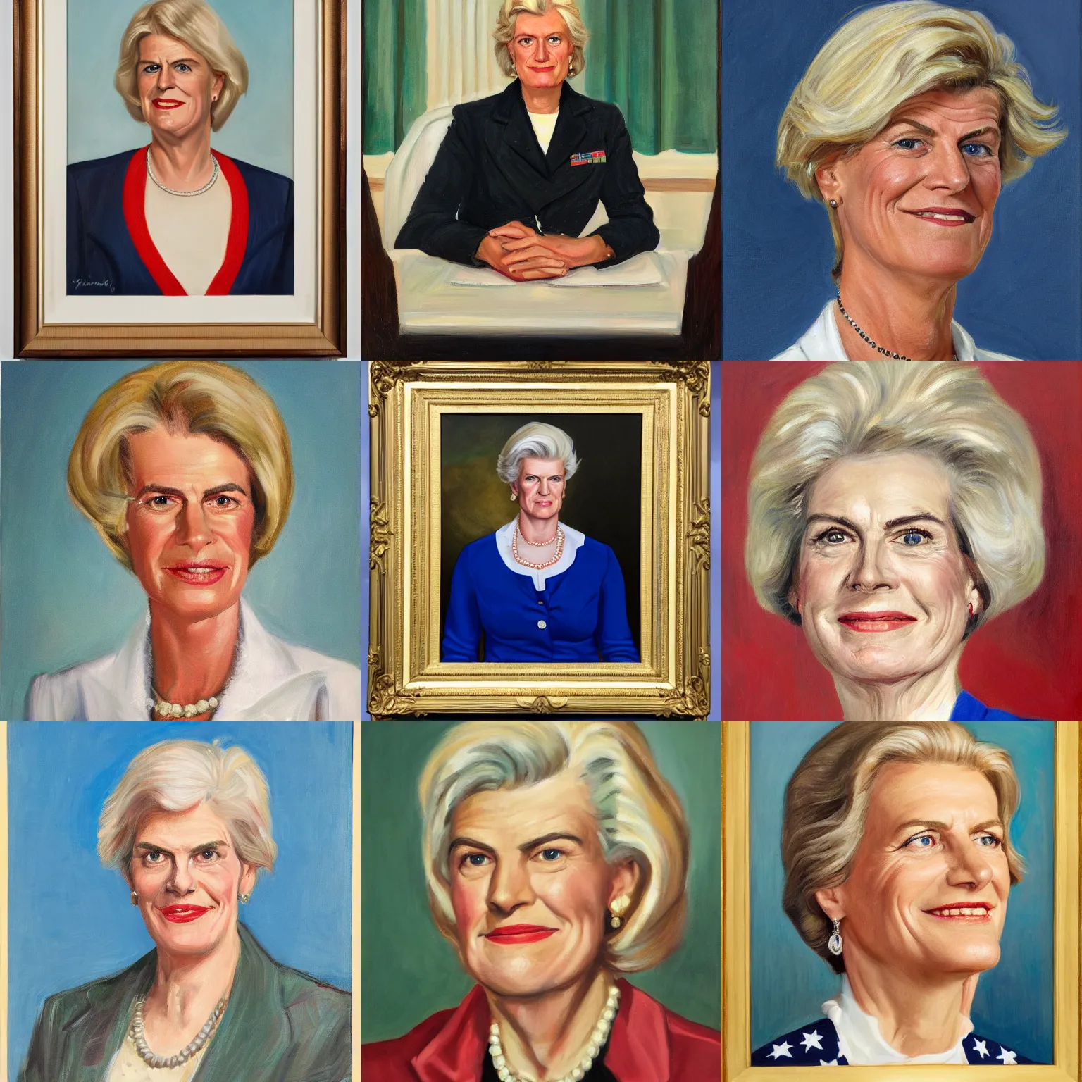 Prompt: Official Portrait of United States President Rachel Johnson, a 36 year old white woman, 1944 by John Howard Sanden and Herbert E. Abrams, White House Archives, oil on canvas trending on artstation, high octane