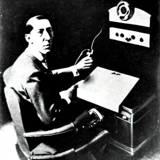Prompt: h. p. lovecraft playing a video game, vintage photograph, xbox controller, angry