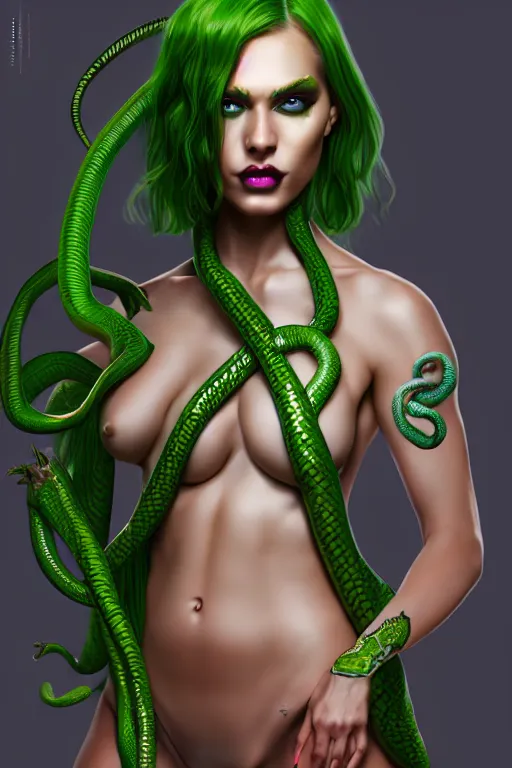 Image similar to beautiful super model gorgon, full body, diablo 4 white skin, euryale, green snake hair, half woman half snake, photorealistic art, symmetrical, trending on artstation, 8 k resolution