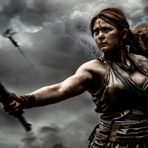 Image similar to a photograph of the goddess of war in the battlefield, action movie, movie still, cinematic, filmic, dramatic, dramatic lighting