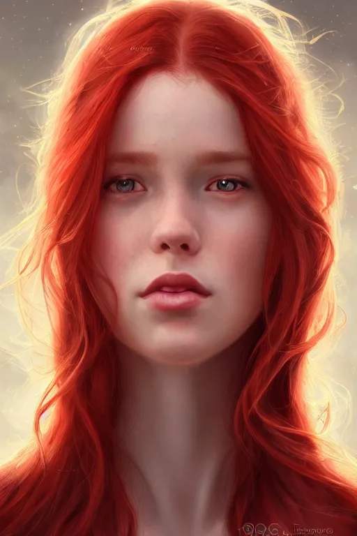 Image similar to ultra realistic style illustration of a beautiful cute red haired joyful young woman, full portrait, long hair, sci - fi, fantasy, intricate, elegant, digital painting, artstation, concept art, smooth, sharp focus, 8 k frostbite 3 engine, ultra detailed, art by artgerm and greg rutkowski and magali villeneuve