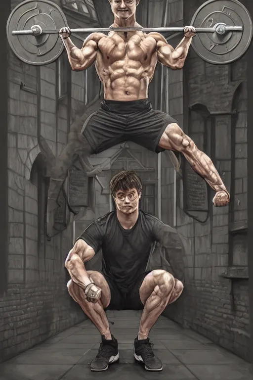Prompt: highly detailed rendering of Daniel Radcliffe as Harry Potter doing barbell back squats, dingy gym, wearing a muscle tee shirt, symmetrical, highly detailed, digital painting, artstation, concept art, smooth, sharp focus, illustration, cinematic lighting, art by artgerm and greg rutkowski and alphonse mucha