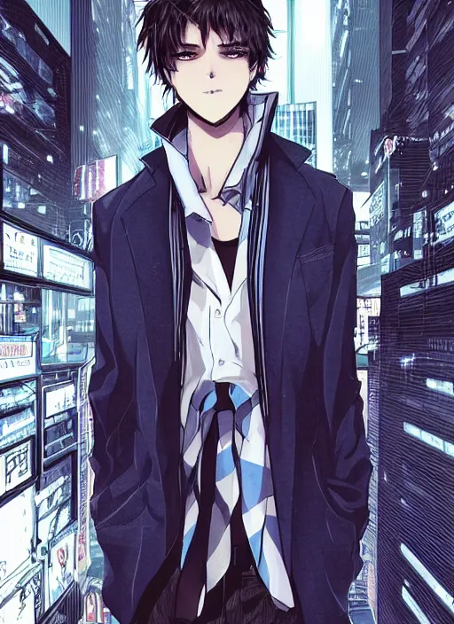 Image similar to manga cover, white teenage boy with short brown hair, grey blazer and striped shirt, blue and black scarf, blue eyes, intricate cyberpunk city, emotional lighting, character illustration by tatsuki fujimoto