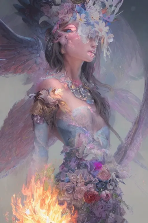 Image similar to face closeup of extremely beautiful girl necromancer, magical fairy exploding into flowers and ice, angels, 3 d render, hyper - realistic detailed portrait, holding fire and electricity rainbow, ruan jia, wlop. scifi, fantasy, magic the gathering, hyper detailed, octane render, concept art, peter mohrbacher