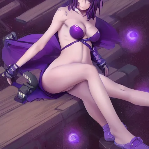 Image similar to attractive girl tomboy, beautiful appearance, low angle shot, short purple hair, bottom view from below, cute horns, purple skin, full body shot close up, hot slim figure, visible stomach, juicy legs, thicc thighs, perfect face, symmetric eyes, digital art by greg rutkowski, pixiv, instagram, realistic cute