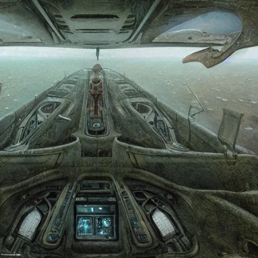 Image similar to flooded overgrown interior of boeing, matte painting, oil painting, by beksinski and giger, photoreal, highly detailed, hd, 8 k