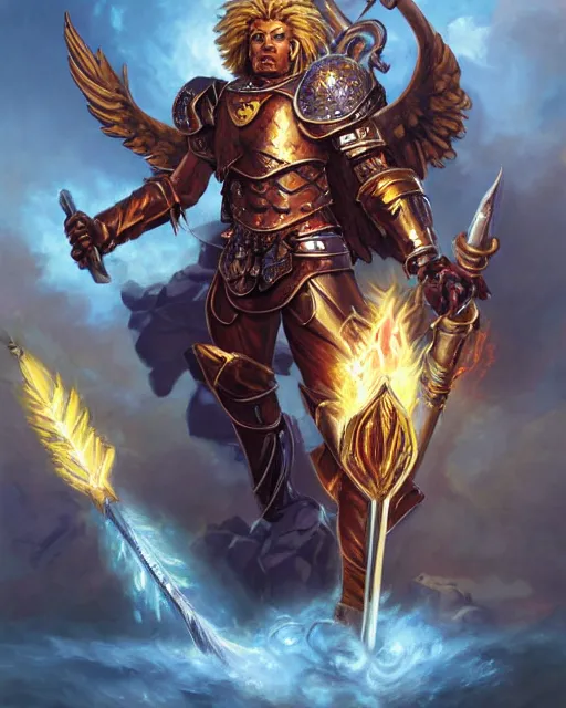 Prompt: mtg character portrait of a brawny male leonin knight african lion angel of justice, with fiery golden wings! of flame wearing shining plate armor, wielding flaming sword and holding large glowing shield, by peter mohrbacher, wadim kashin, greg rutkowski, larry elmore, george pemba, ernie barnes, raymond swanland, magali villeneuve, trending on artstation