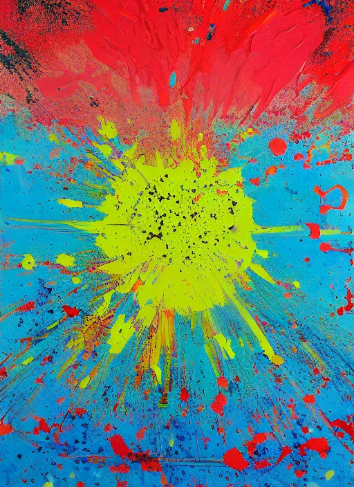 Prompt: Sunrise by Damien Hirst, paint knife strokes, mixed media, minimal paint splatter, hypermaximalist, photo realistic, 8k