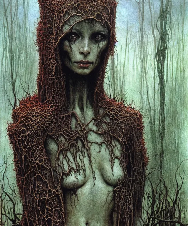 Image similar to a detailed mantiswoman stands among the swamps. wearing a ripped mantle, robe. perfect faces, extremely high details, realistic, fantasy art, solo, masterpiece, art by zdzislaw beksinski, arthur rackham, dariusz zawadzki