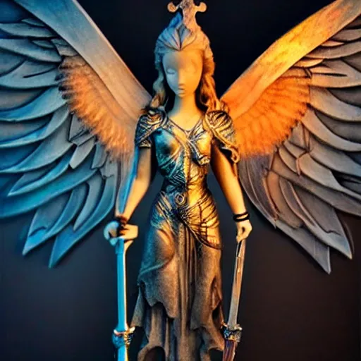 Image similar to « beautiful, divin archangel, with a sword, beautiful wings, glowing lights, detailed »