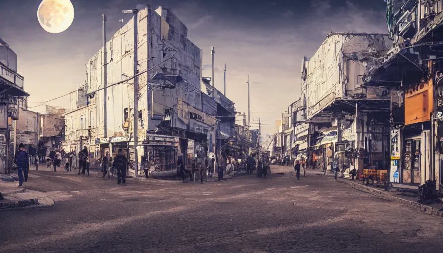 Image similar to moonwalker photo, lunar busy street, city street on the moon, a detailed photo of a future norilsk street base, sci fi, street moon landscape, 8 k