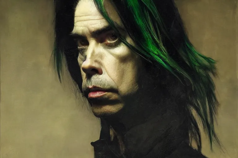 Image similar to a portrait of nick cave with green streaks in his hair, masterpiece, dramatic lighting, stunning painting by caravaggio, ruan jia, jakub rebelka