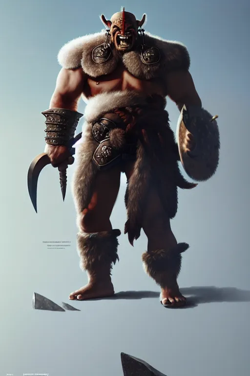 Image similar to orc barbarian wearing leather armor, full body shot, exquisite details, earth magic, mid view, design on a white background, by studio muti, greg rutkowski, makoto shinkai, takashi takeuchi, studio ghibli