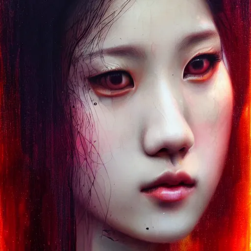 Image similar to jisoo of blackpink, hyperrealistic portrait, bladerunner street, by karol bak and agnes cecile, fantasy art, photo realistic, dynamic lighting, artstation, poster, volumetric lighting, very detailed face, 8 k, award winning