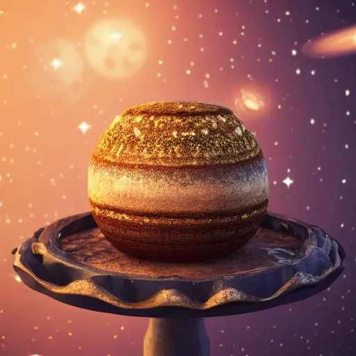 Image similar to Realistic photography of space cake stars and planets on it, behance, artstation, unreal render, unreal engine 5, octane, intricate, 100mm, photorealistic, hyper realism, high detail, smooth, sharp focus, bokeh, 8k, movie shot, cinematic perspective, studio shot