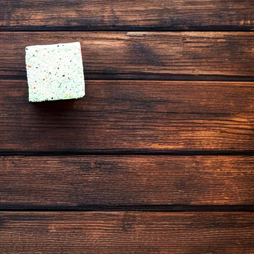 Prompt: photograph of a marshmallow cube with sprinkles and chocolate flakes on a dark wooden chopping board, light green pastel, hessian cloth, styled food photography, photorealistic, 4 k