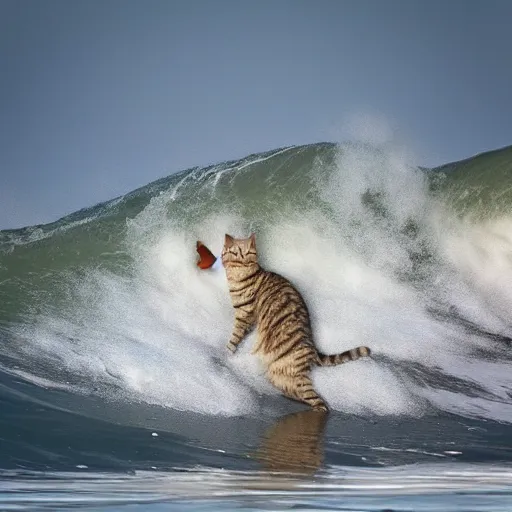 Prompt: an anthropomorphism cat by designed wayne westwood surfing a mega wave, photo taken from the shore, highly detailed photography, 3 0 0 mm, natural light, bokeh effect