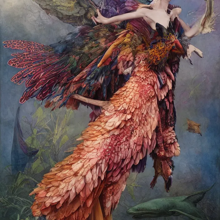 Prompt: a fashion editorial of sadie sinkwith hooves as a brightly colored eagle amphibian hybrid with wet translucent mutated skin. wearing a mutated organic dress. by tom bagshaw, donato giancola, hans holbein, walton ford, gaston bussiere, peter mohrbacher, brian froud and iris van herpen. 8 k, cgsociety