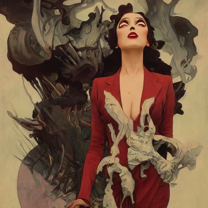 Image similar to excellent painted portrait of a terrifying evil spirit in a 1940s vintage suit, high quality painting with detailed symmetrical character, 4k, trending on artstation, octane render, art by artgerm and greg rutkowski and alphonse mucha and craig mullins and James Jean and Andrei Riabovitchev and Marc Simonetti and peter mohrbacher