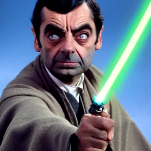 Image similar to Still of Mr. Bean as jedi master Obiwan kenobi!!!!. in Star Wars (1977). detailed eyes. medium shot, technicolor. light saber