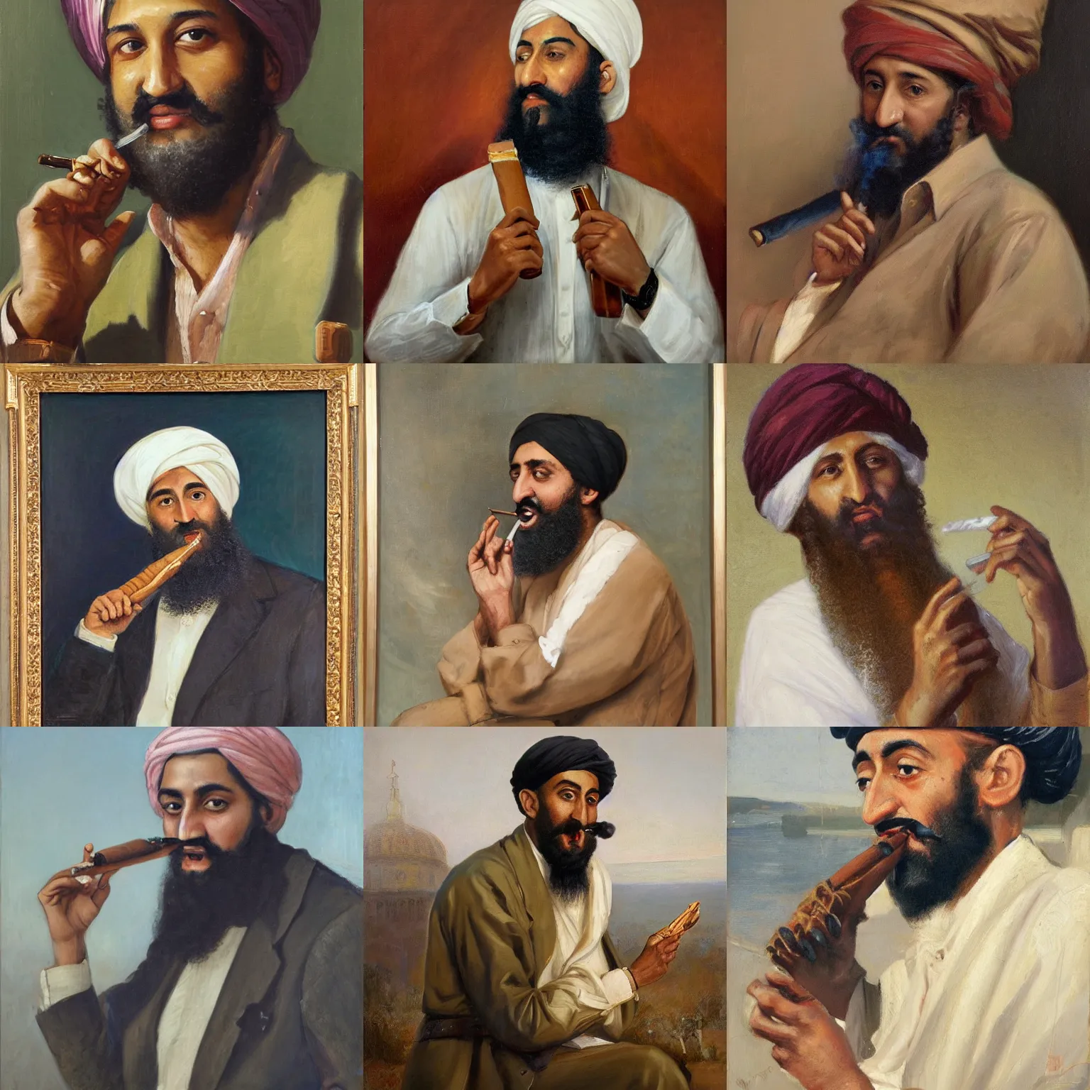 Prompt: portrait of osama bin laden smoking a cigar, oil on canvas by william sidney mount, 1 9 3 3, trending on artstation