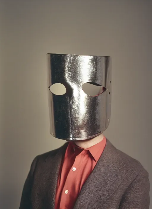 Image similar to a fashion portrait photograph of a man wearing a round metal mask designed by joseph albers, 3 5 mm, color film camera, pentax