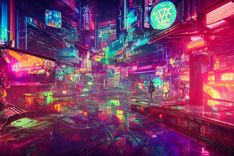 Prompt: Magic mystery world, cyberpunk, neon lights in the background, insanely detailed lighting, hypermaximalist, intricate, matte painting, cinematic, unreal engine, trending on artstation