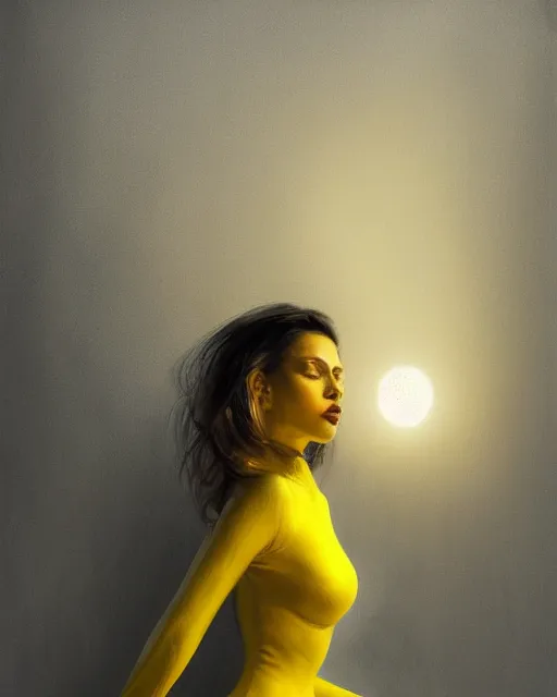 Image similar to woman in yellow latex clothe painted by István Sándorfi volumetric lighting, back lighting, rimlight, dramatic lighting, digital painting, highly detailed, artstation, sharp focus, illustration, Artgerm, Jean-Léon Gérôme , ruan jia