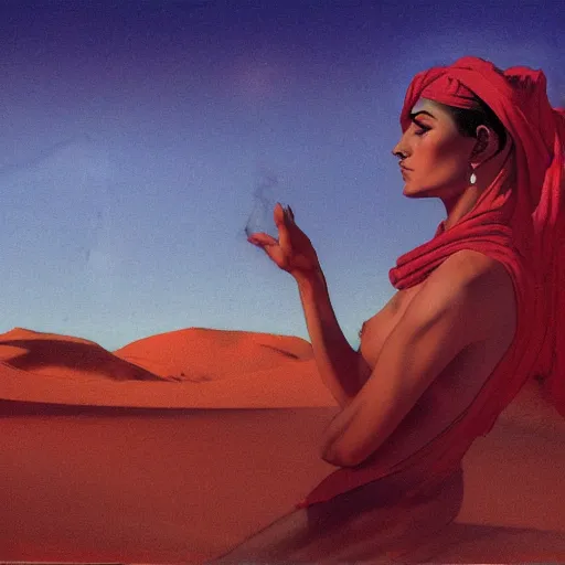 Image similar to Silk sheet desert ecstasy Bedouin under crimson azure diamond sky, in the style of Frank Frazetta, Jeff Easley, Caravaggio, extremely clear and coherent, clear lines, 8K revolution