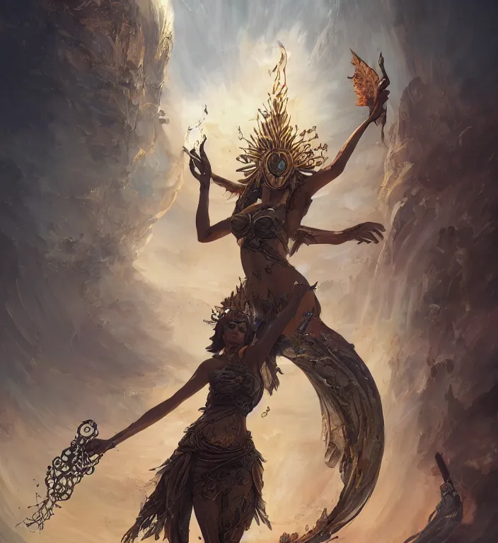 Image similar to full body illustration of a goddess, tarot card, dark souls colour scheme, establishing shot, coherent, high detailed, kerem beyit, Karol Bak, peter mohrbacher featured on artstation