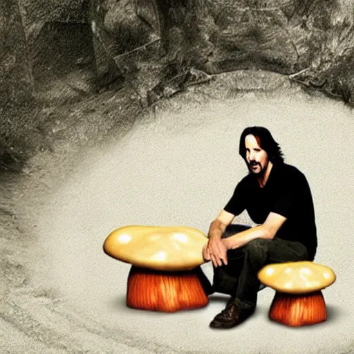 Prompt: Keanu Reeves sitting on a giant mushroom