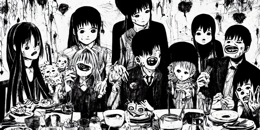 Image similar to A happy family eating dinner, horror, creepy, dark, manga, pencil, inspired by junji ito, superior quality, masterpiece