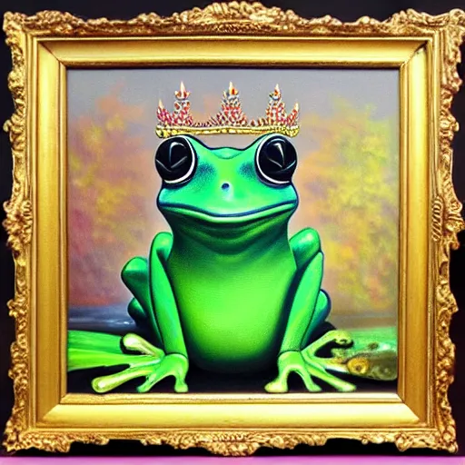 Image similar to beautiful oil painting painting of a frog wearing a crown in swamp