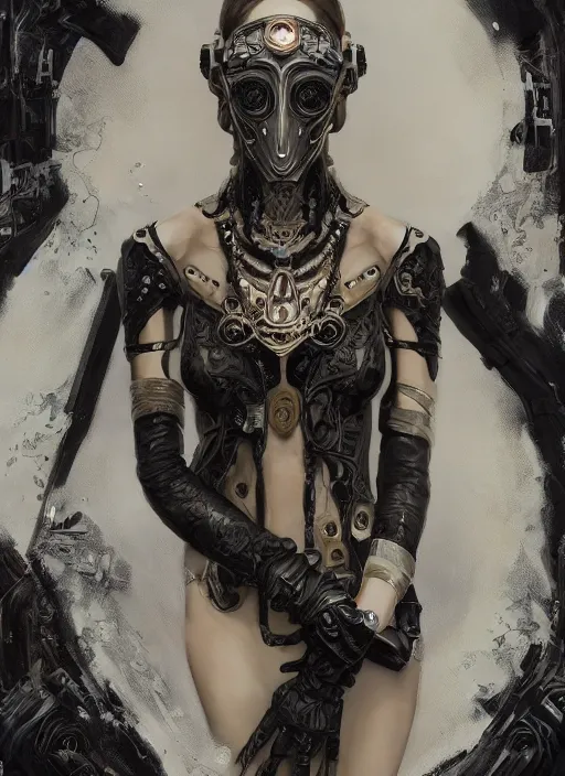 Image similar to a cyborg with mask, black leather garment with art nouveau ivory accessories, intricate lace and jewels, cyberpunk, darksynth, luxury, concept art by greg rutkowski, extremely detailed, ominous, ethereal, artstation, andree wallin, edvige faini, balaskas, alphonse mucha, 8 k, octane render