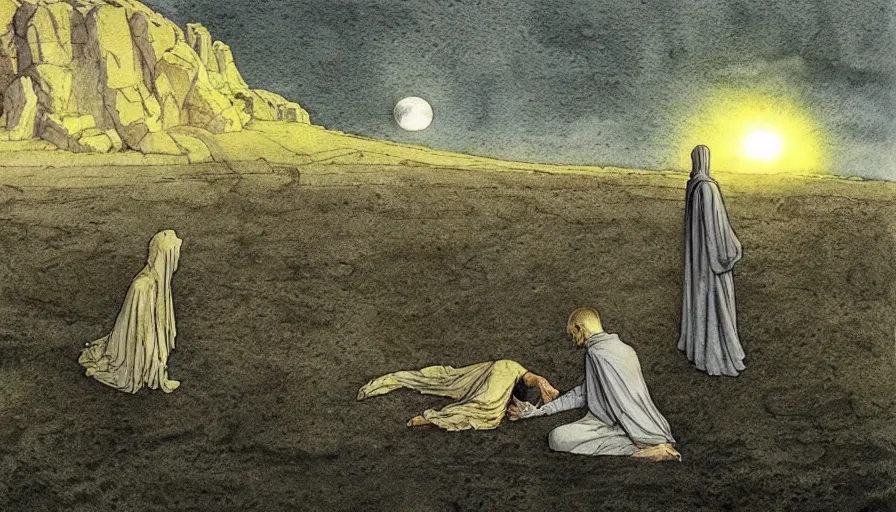 Image similar to a realistic and atmospheric watercolour fantasy concept art of a golden ufo landing in stonehenge. a giant medieval monk in grey robes on his knees praying. a crescent moon in the sky. muted colors. by rebecca guay, michael kaluta, charles vess and jean moebius giraud