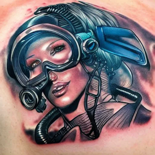 Image similar to cyberpunk underwater diver tattoo design, on white skin, by artgerm