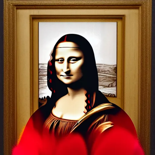 Image similar to Stunning modern studio photograph of the real Mona Lisa standing in a white room wearing a red dress, XF IQ4, f/1.4, ISO 200, 1/160s, 8K, RAW, unedited, symmetrical balance, in-frame, sharpened